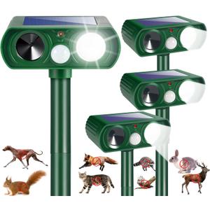4Pack Sonic Fortress Pro Deer Repellent Devices Cat Squirrel Rabbit Raccoon Fox Deterrent Solar Ultrasonic Animal Repellent Outdoor with Motion Activated Strobe Light for Yard Garden Lawn Protection