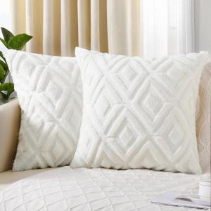 Pallene Soft Faux Fur Throw Pillow Covers 18x18 Set of 2 - Plush Wool Decorative Couch Pillow Covers for Sofa Bed Living Room - with 3D Diamond Pattern - Cream White