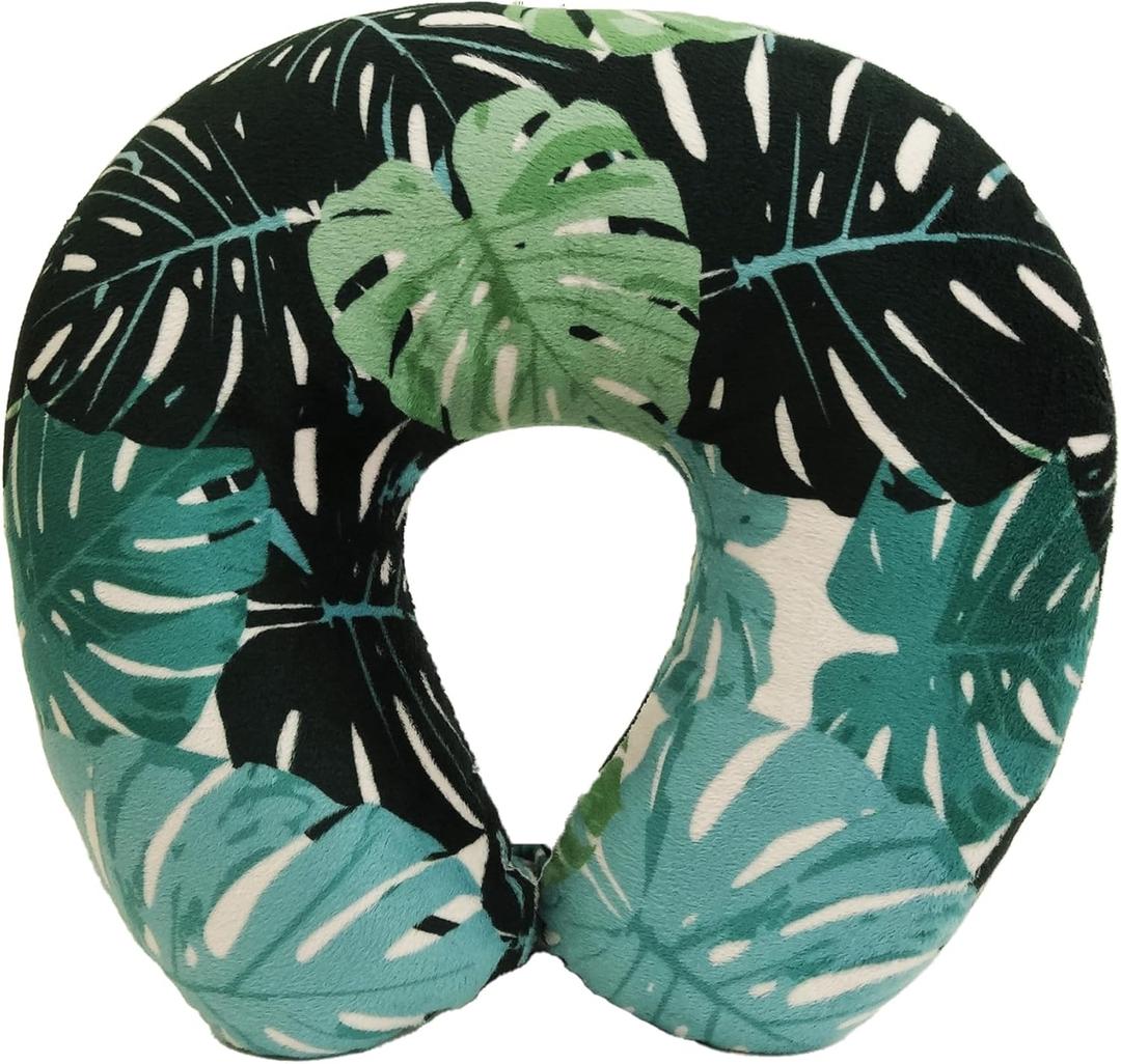 Adult Cozy Soft Microfiber Neck Pillow for Travel  Compact, Machine Washable - Perfect for Airplane, Car, or Home Use - Filled and Finished in the USA  Monstera Leaf