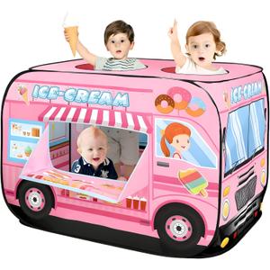 Pop Up Play Tent for Kids - Foldable Indoor & Outdoor Playhouse Vehicle Toys for Toddlers, Boys and Girls - 2 Openings, Flat-Folding for Compact Storage (Ice Cream Car,Pink)