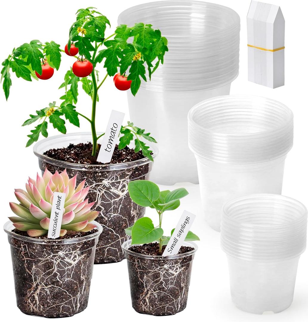 Clear Nursery Pots with Drainage Holes-36 Pack 3/4/5Inch Transparent Plastic Plant Pots for Seed Starting, High Visibility Root Growth Monitoring&36Plant Labels (Transparency-no Lid, 3/4/5in-36p)
