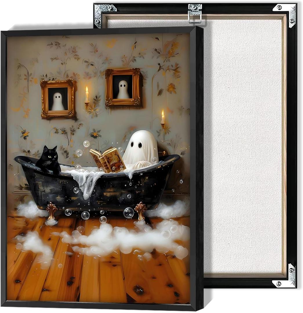 Halloween Ghost Black Cat Bubblebath Canvas Posters Bathroom Cute Ghost Wall Art Goth Dark Academia Spooky Bubblebath Prints Painting For Living Room Bedroom Wall Decor 16x24in Unframed (16L" x 24W", Multi 12)