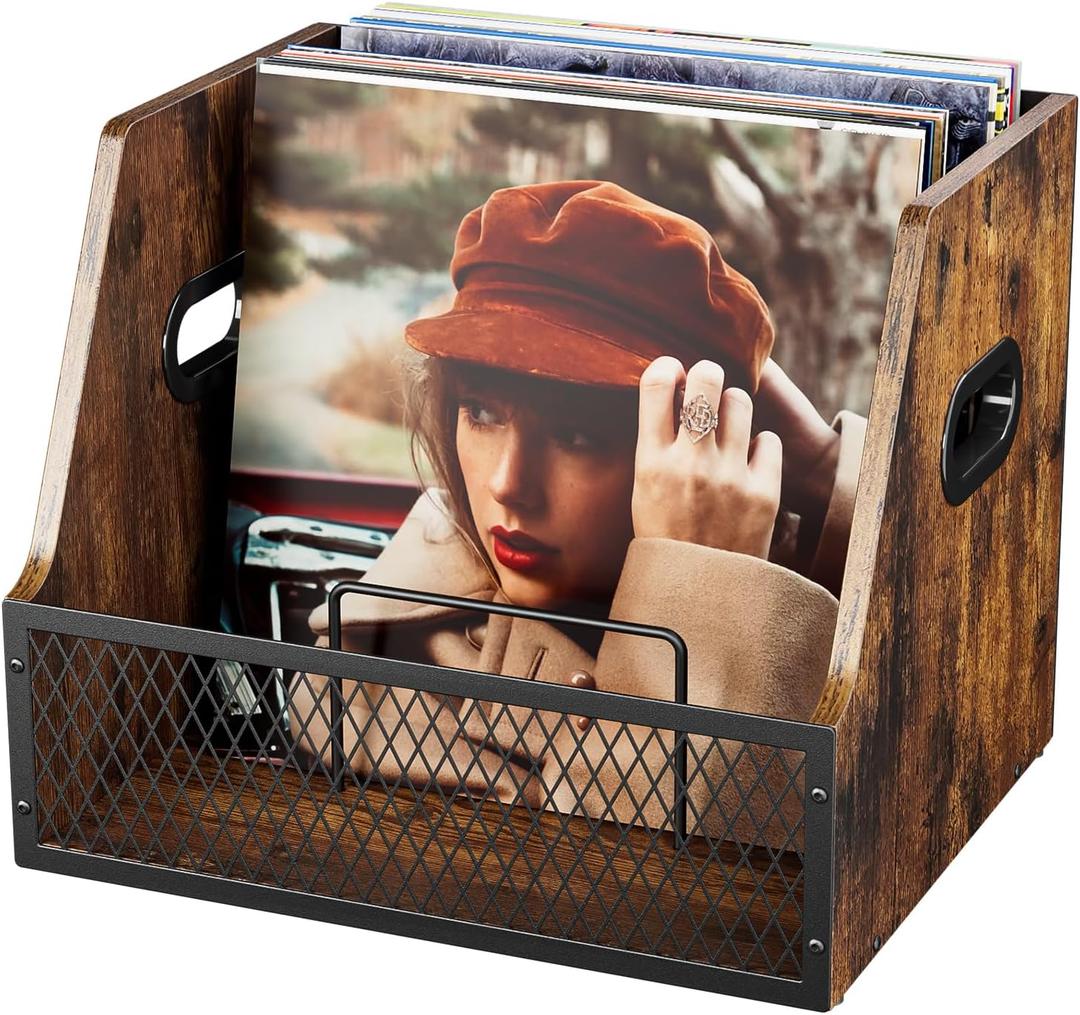 Vinyl Record Storage,Wooden Crate Vinyl Holder with Dividers for Albums & Magazine Rack Organizer for 60+ Records Case Box for 7/10/12 inch