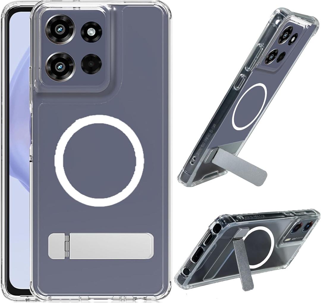 for Motorola Moto G Power 2025 Magnetic Case Clear Compatible with MagSafe, Built-in 2-Way Kickstand [Horizontal & Vertical Stand] Magnetic Crystal Clear Slim Fit Rugged Cover (Clear)