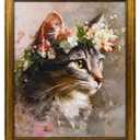 RunRRIn Vintage Gold Framed Wall Art,Wildflower Cat Canvas Print,16x20