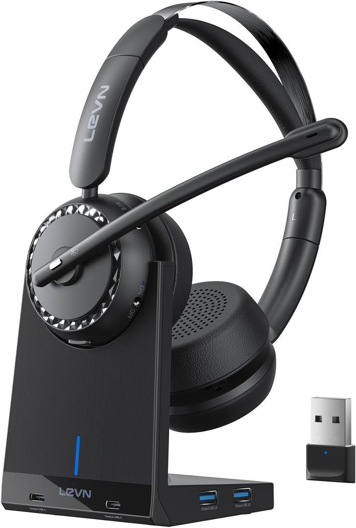 LEVN Wireless Headset, Wireless Headset with Mic for Work, AI Noise Cancelling, 65 Hrs Working Time, Bluetooth Headphones with Microphone from Home/Computer/Call Center/Teams (Black)