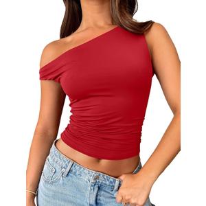 Trendy Queen Womens One Off The Shoulder Tops Going Out Crop Tank Top Sleeveless Shirts Y2K Basic Slim Fitted Cute Asymmetrical T Summer Holiday Asymmetrical Outfits Red, Medium