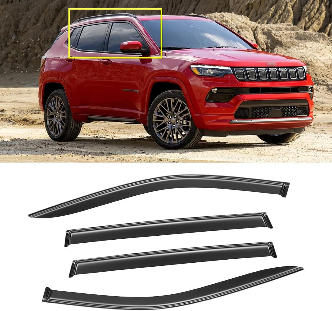 Window Visor for 2017-2025 Jeep Compass, Out-Channel Rain Guards Shields Vent Deflector Shade Wind Dark Smoke Ventshade Ventvisor for Compass 2018 2019 2020 2021 2022, Tape-On Outside-Mount, 4PCS