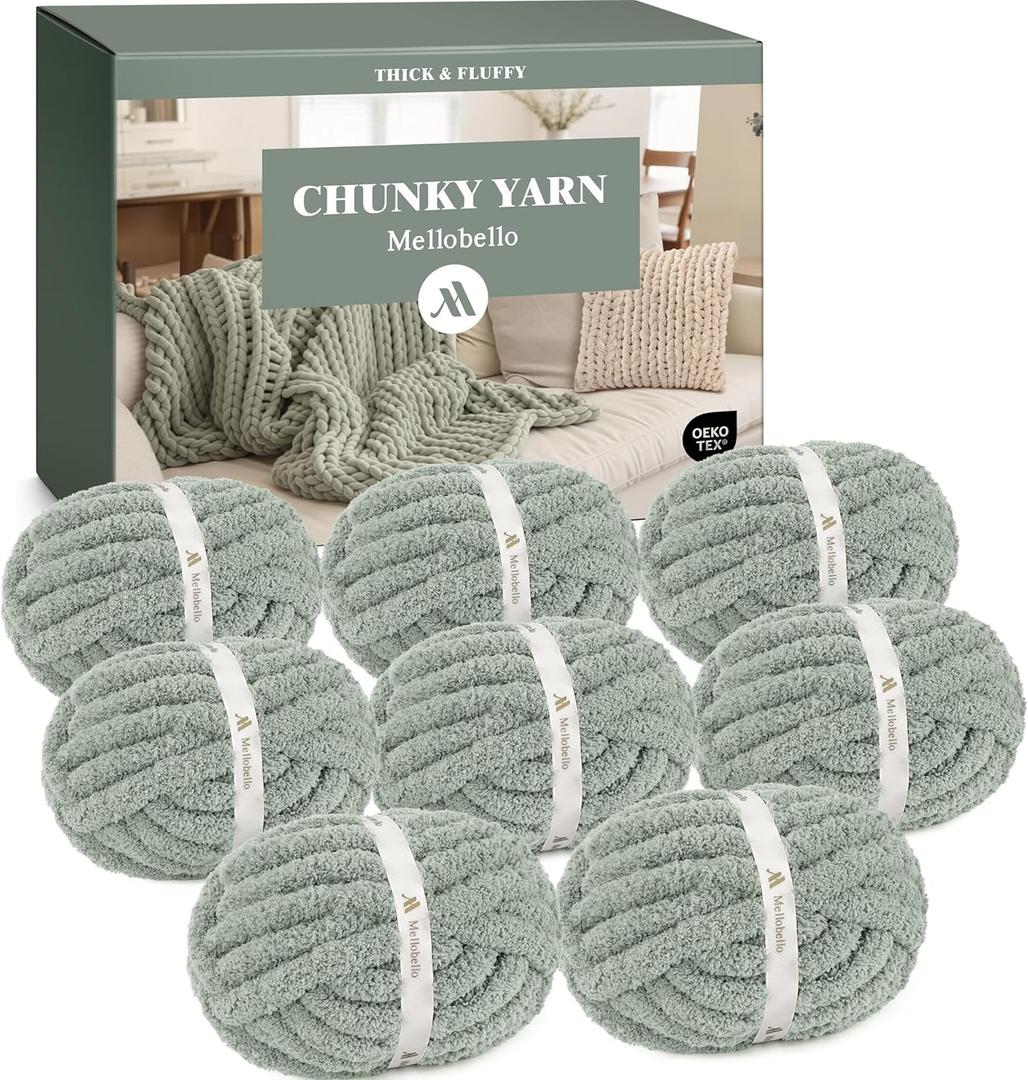 Mellobello Jumbo Chunky Yarn for Hand Knitting - Super Thick Chenille Chunky Yarn for Crocheting - Extra Soft Bulky Fluffy Blanket Big Yarn 8 Jumbo Pack (27yds,8 oz Each Skein) Sage Green