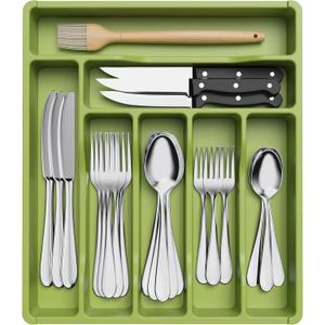 Lifewit Silverware Drawer Organizer Tray, Plastic Cutlery Storage for Kitchen Drawer, Flatware and Utensil Holder Divider for Spoons Forks Knives Tableware, 7 Compartment, Green (12.3 x 14.2 inch (7 Slots))