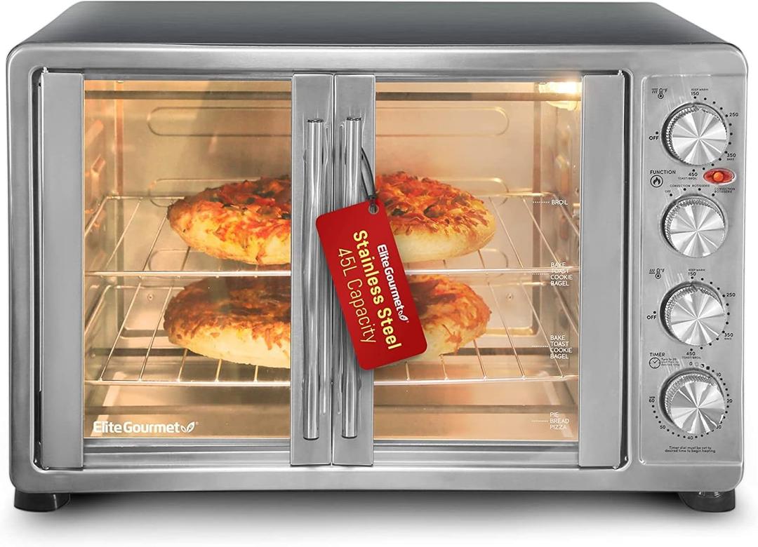 Elite Gourmet ETO4510MX French Door 47.5Qt, 18-Slice Convection Oven 4-Control Knobs, Bake Broil Toast Rotisserie Keep Warm, Includes 2 x 14" Pizza Racks, Stainless Steel, 18-slice, 45l
