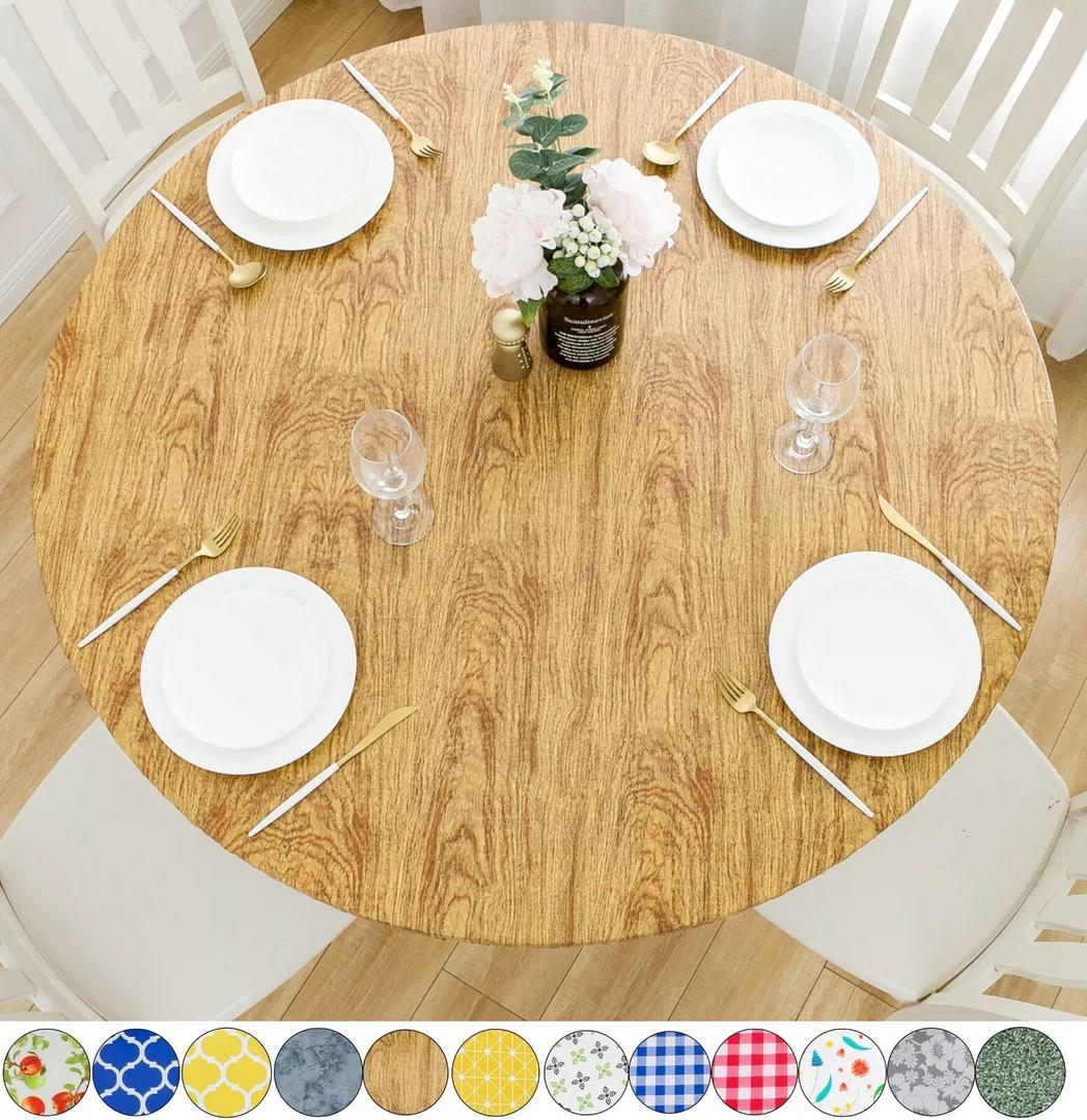 Vinyl Tablecloth Round Fitted Elastic Flannel Backing Cedar Wood Grain Pattern