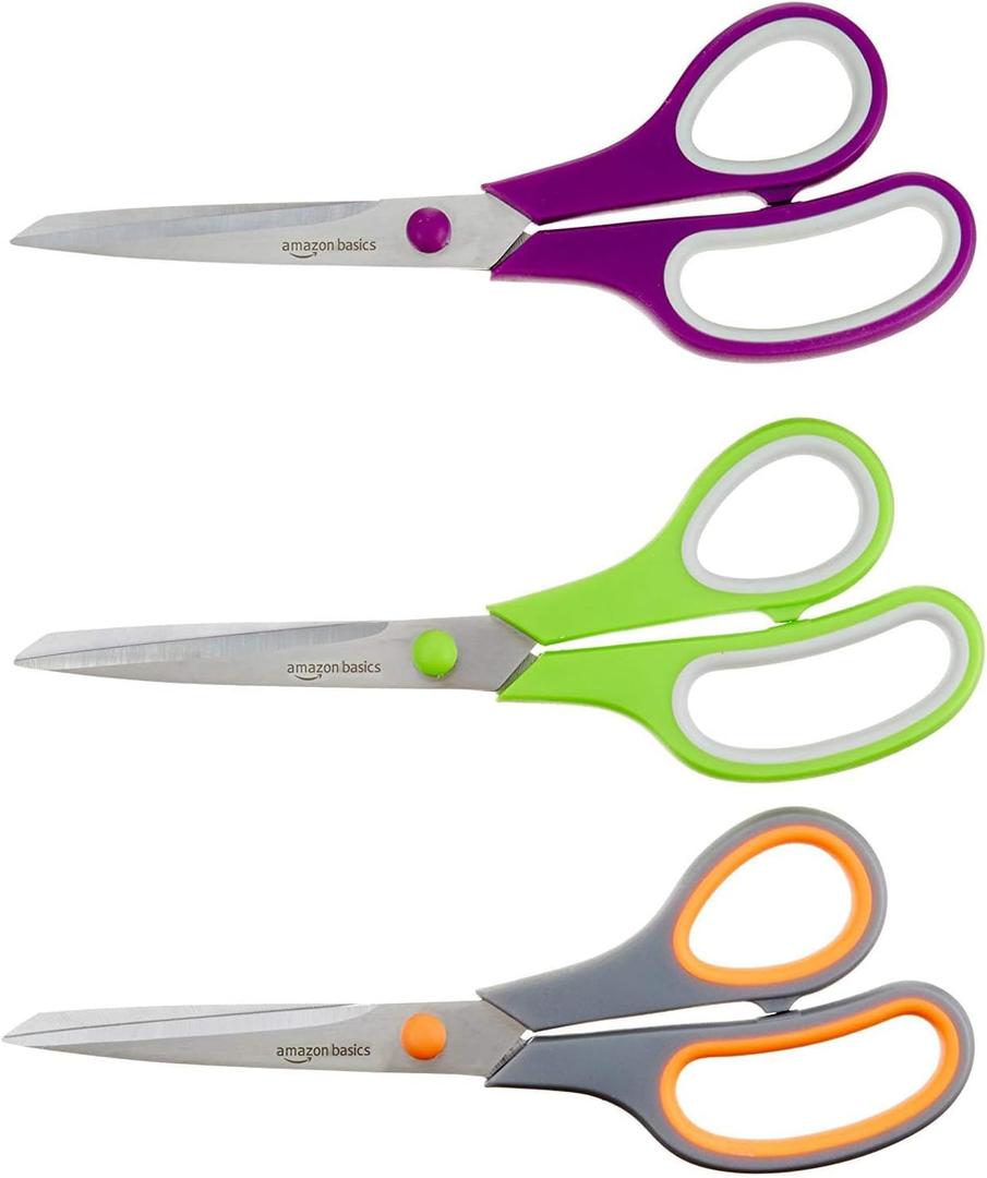 Amazon Basics Stainless Steel Scissors for Office, Crafts, Multipurpose, Sharp, Comfort Grip, PVD Coated, 3 Pack, Multicolor (3-Pack)