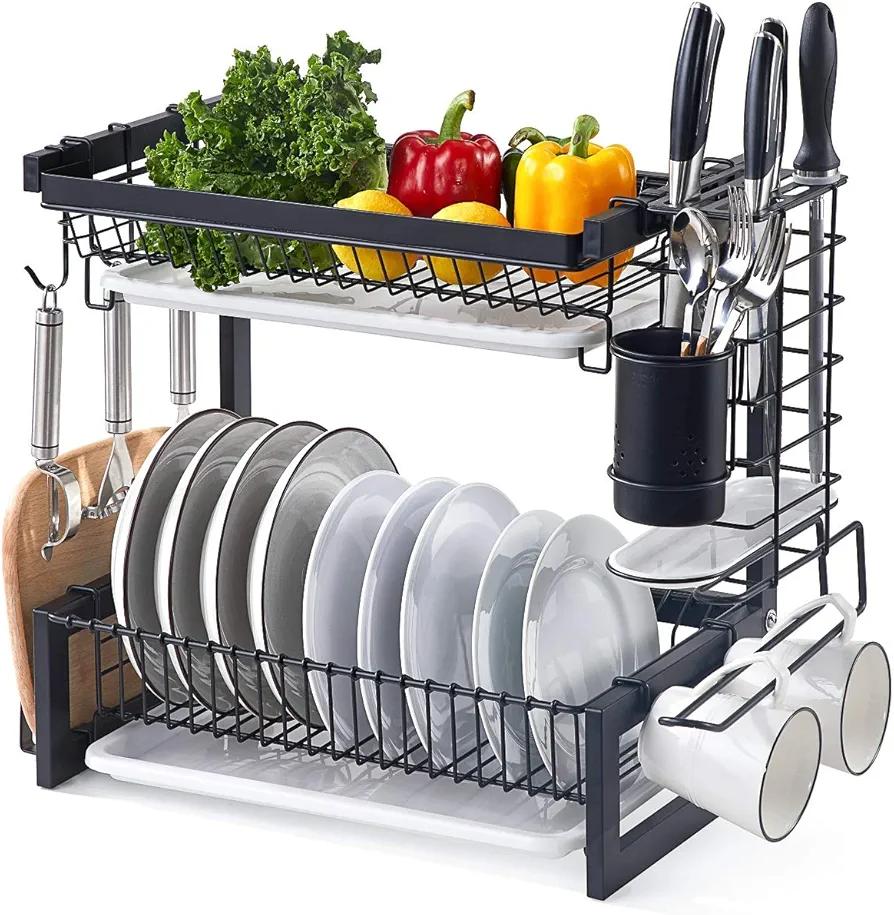 istBoom Stainless Steel Dish Drainer Black, 2-Tier Dish Drying Rack Kitchen Counter Organizer and Storage, Drainboard Utensil Holder Cutting Board Holder Hooks