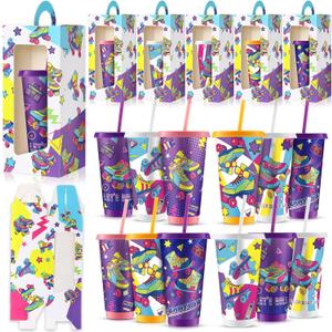 Tellingyou 24 Pcs Roller Skate Party Favors 12 Pcs 24 oz Roller Skate Plastic Cups with Lids and Straws 12 Tumbler Gift Box with Handle for Sports Theme Party Decoration Adults Birthday Supplies