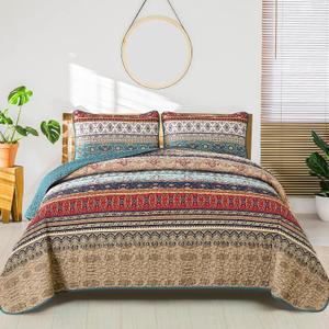 WONGS BEDDING Boho Queen Quilt Set, Green and Brown Bohemian Queen Quilt Bedding Set, Lightweight Microfiber Bed Decor Bedspread for All Season 96"x90"(3 Pieces)