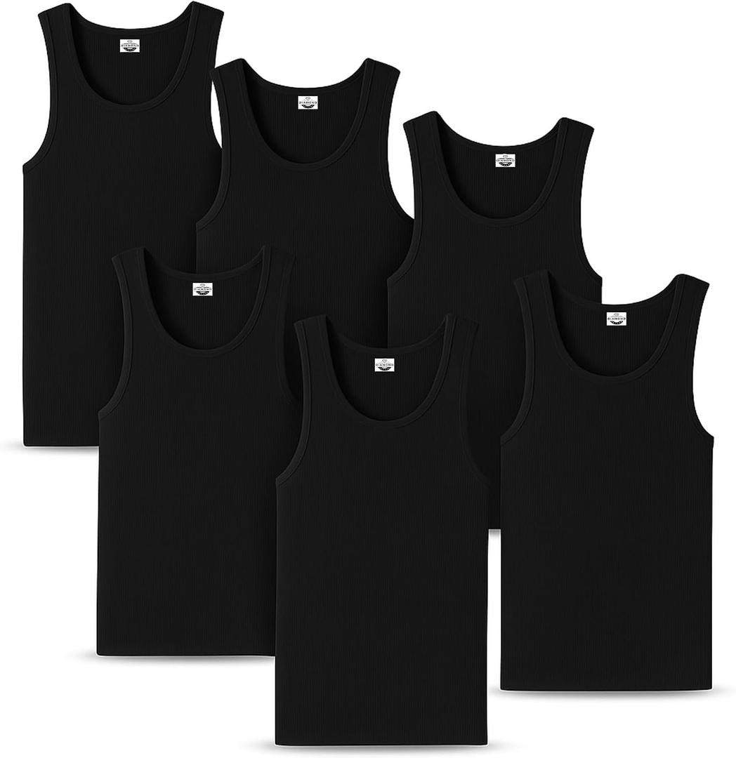 Diamond Star Men's Tank Top Undershirts 6-Pack, Tagless Cotton Blend A-Shirt, Sleeveless Ribbed Comfortable Fit X-Large, 6 Pack Black