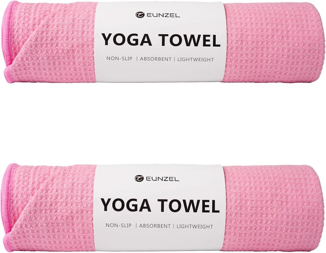 Eunzel 2 Pack Hot Yoga Towel, Non-Slip Yoga Mat Towel with Grip Dots Stickyfiber Sweat Absorbent Towel for Hot Yoga, Pilates and Workout 72" x 24", Pink