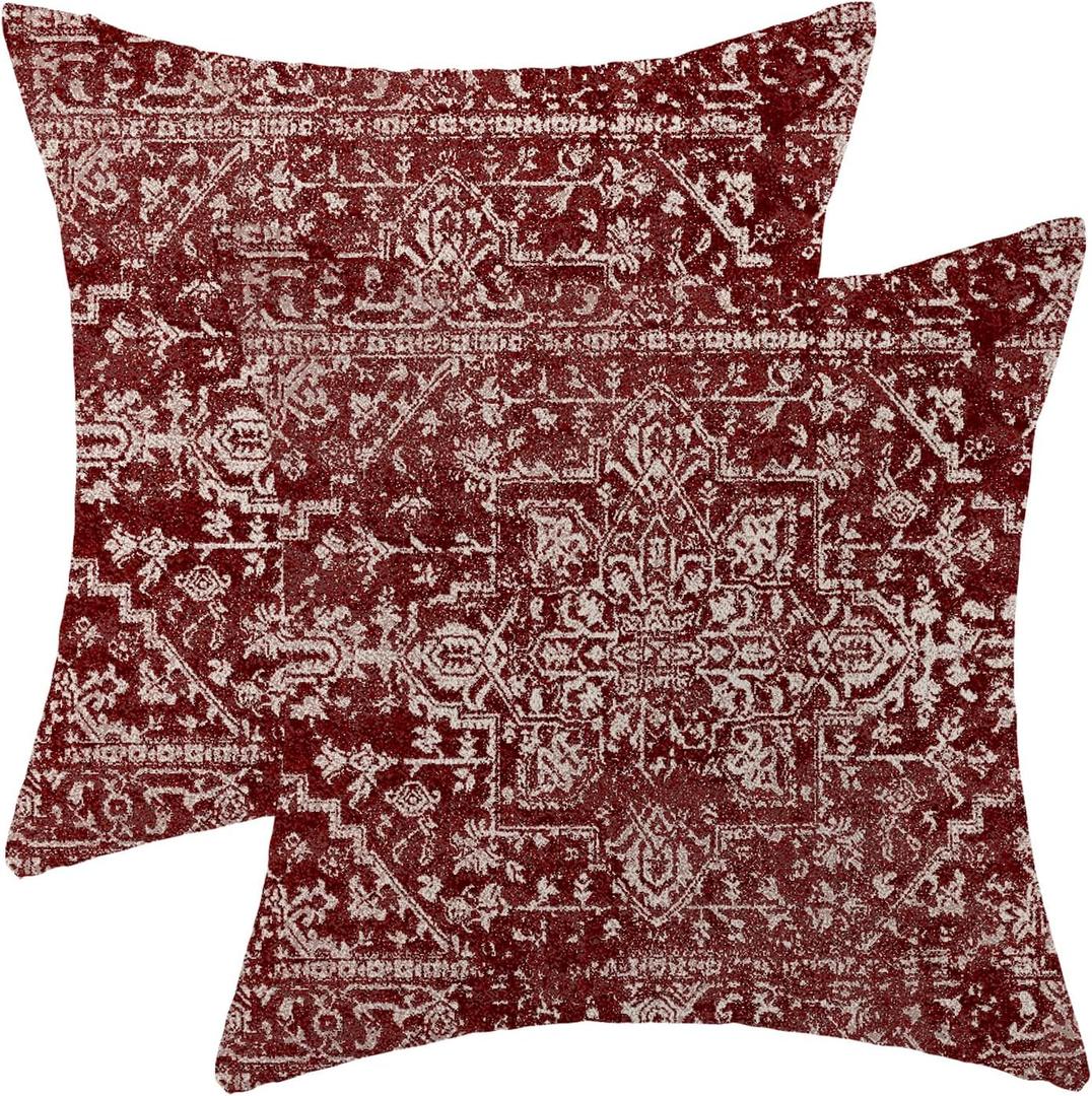 Boho Pillow Covers 20x20 Set of 2, Burgandy Red Carpet Pattern Decorative Throw Pillows Linen Ethnic Design Bohemian Farmhouse Cushion Pillow Covers for Sofa Couch Outdoor Decor