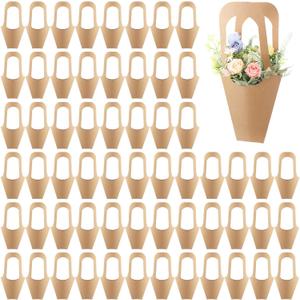 Xaajooio 60 Pcs Paper Flower Gift Bags with Handle, Brown Bouquet Wrapping Bags for Flower Arrangement, Florist Shop, Weddings, Valentine's Day, Birthday and Home Decoration, 13.8 Inches, 1 count