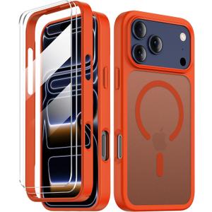 COOLQO for iPhone 17 Pro Case with Screen Protectors, Compatible with MagSafe, Military Grade 17FT Drop Protection, Shockproof Protective Dual-Layer Magnetic Translucent Matte Phone Cover, Orange
