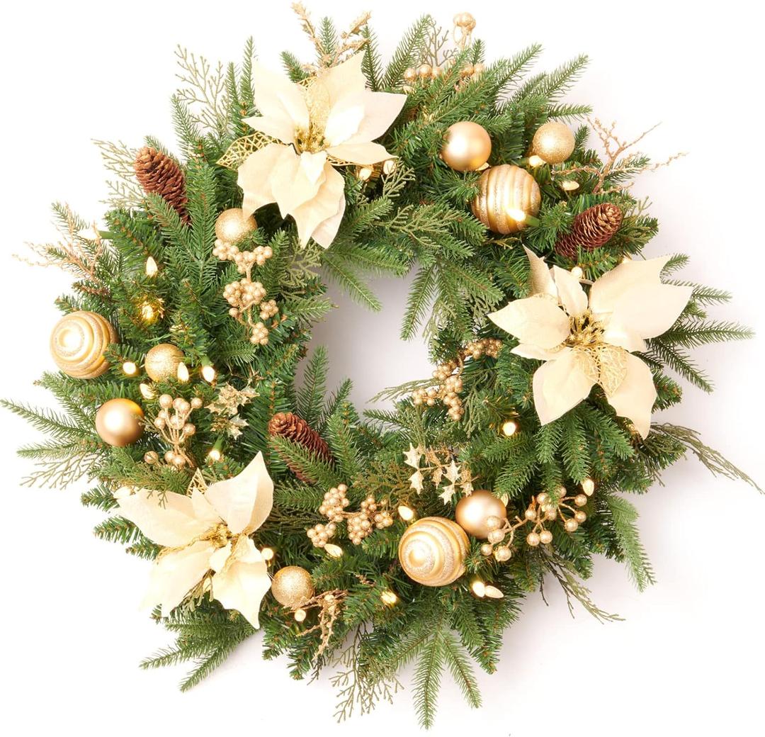 AMERZEST Pre-lit Christmas Wreath with Lights, Pine Cones Gold Balls, Berries and Gold Flowers, 24 Inch 50 Battery Operated LED Lights, Holiday/Decoration/for Front Door/Outdoor