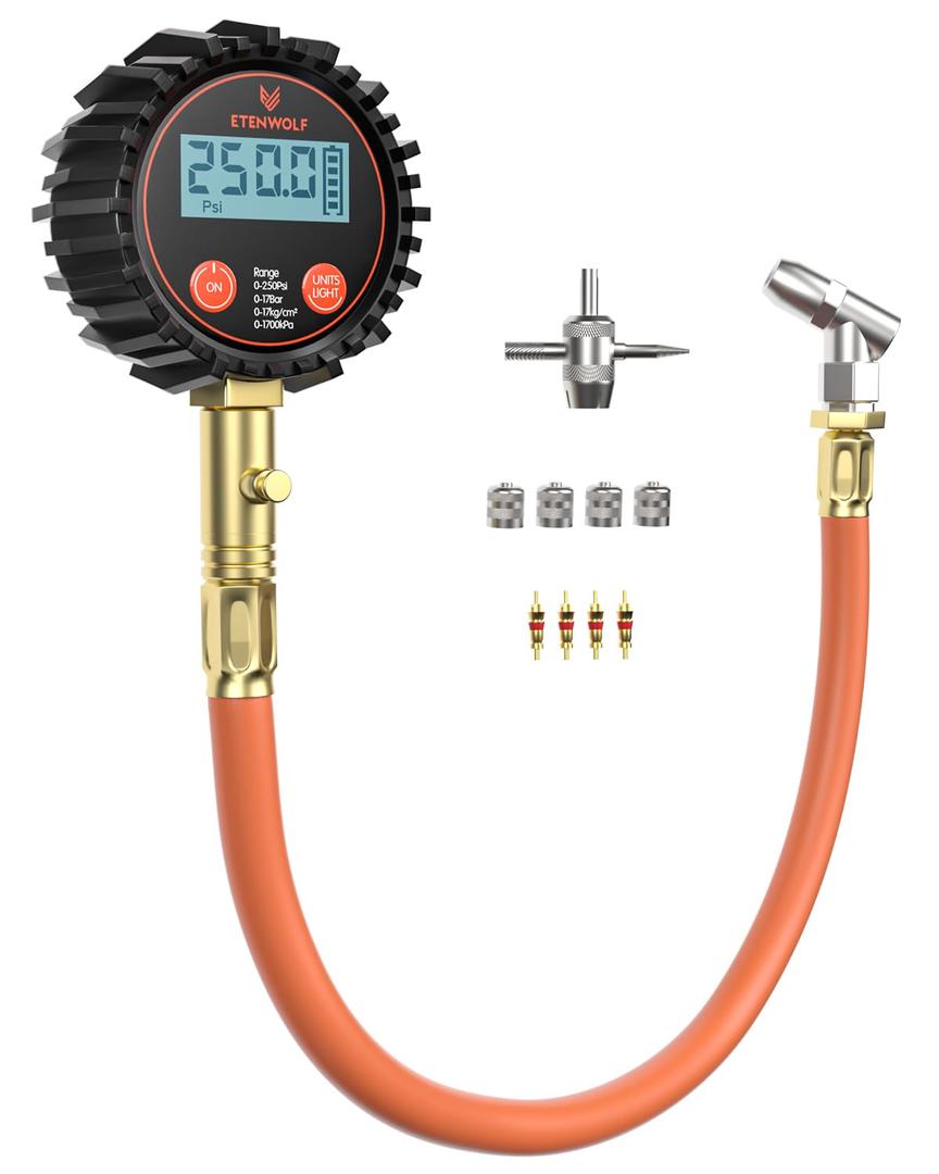 ETENWOLF T400 Digital Tire Pressure Gauge 0-250 PSI, ANSI B40.7 2A Grade High Precision(Plus-Minus 0.5%), Tire Gauge for Tire Pressure with Rubber Hose and Backlit LCD, Car Accessories
