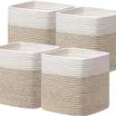 joybest 13x13x13 Inch Cube Storage Bins Set of 4, Cotton Rope Woven Organizer Basket for Shelves, Cube Bin Square Shelves Organizer Closet Storage, Nursery, Toy Organization, Brown&White