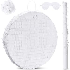 Jenaai 16 Inch Round White Piñata Large Circle Blank Piñata with Stick, Blindfold and Confetti for Adults and Kids' Birthday Parties Game DIY Wedding Celebration Baby Shower Carnival Party Supplies