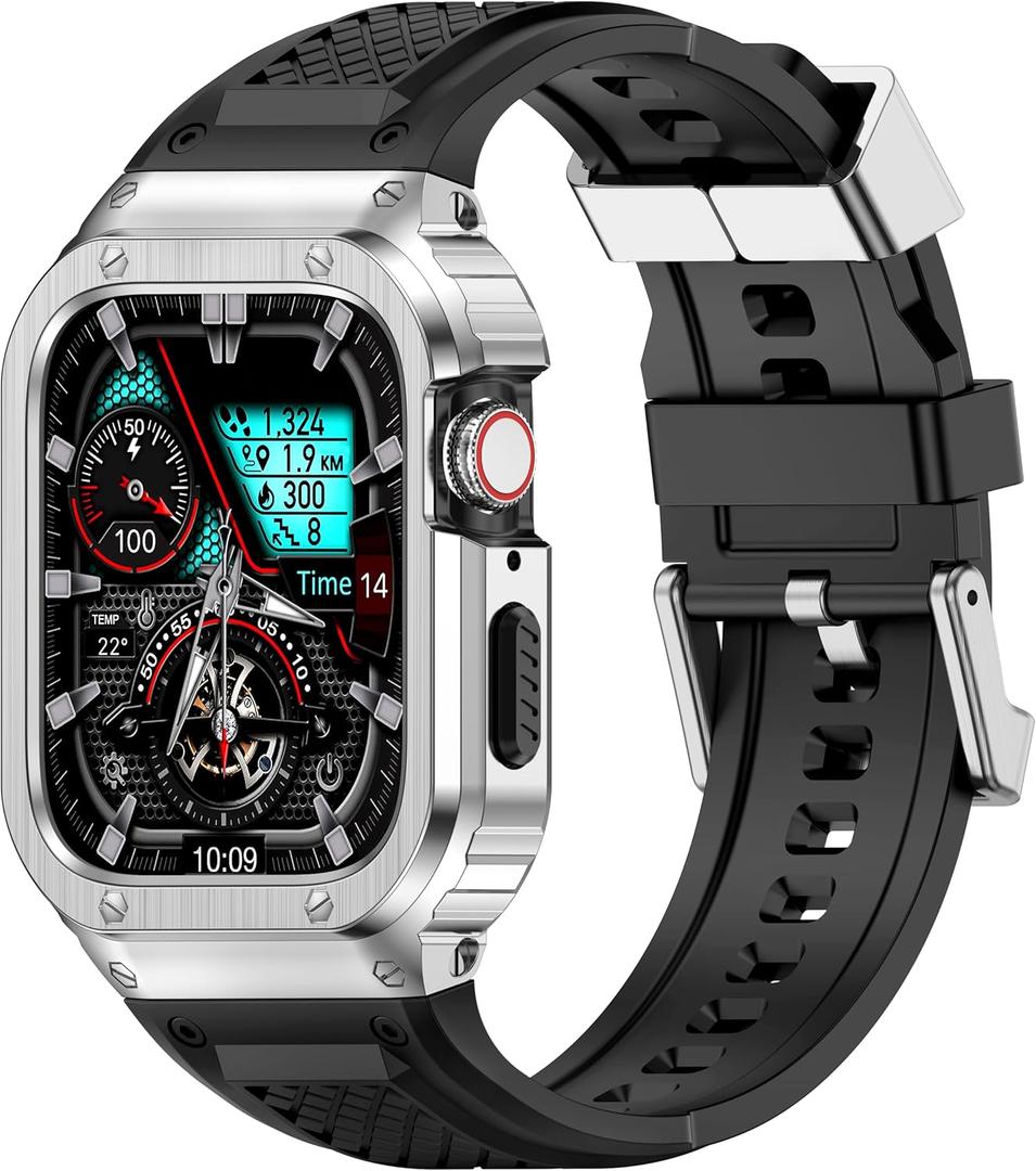 Band with Stainless Steel Case Compatible with Apple Watch Series 9 8 7 45mm Band, iwatch Bands Rugged Metal Protective Cover for Men (Silver)