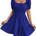 Floerns Women's Boho Square Neck Puff Short Sleeve Self Tie Front A Line Dress Medium