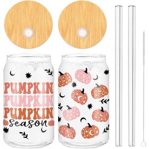 Whaline 2 Pack Halloween Drinking Glasses 16oz Scary Pumpkin Glass Cup Orange Pink Iced Coffee Cup with Lid Straw for Fall Halloween Cocktail Whiskey Beer Soda