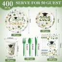 400 Pcs Class of 2026 Sage Green Floral Graduation Decorations for 50, Green and Gold Graduation Paper Plates Napkins and Cups Cutlery Grad Tableware for 2026 Congrats Grad Party Supply