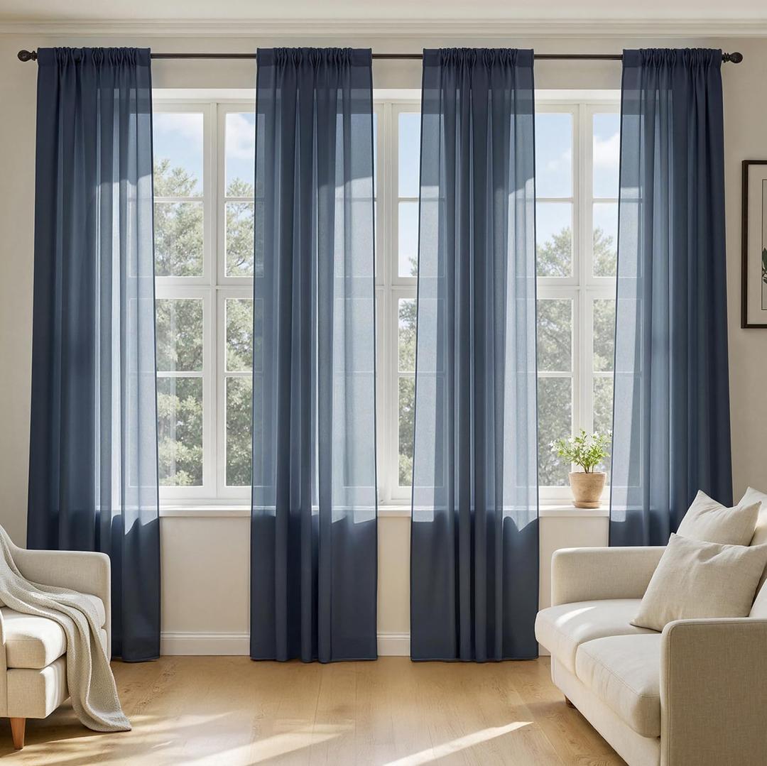 MIULEE Navy Blue Sheer Curtains 84 Inches Long, 4 Panels Set, Light Filtering Rod Pocket Voile Drapes Window Treatments, Semi Transparent Airy Fabric for Bedroom and Living Room, 42 x 84 Inches