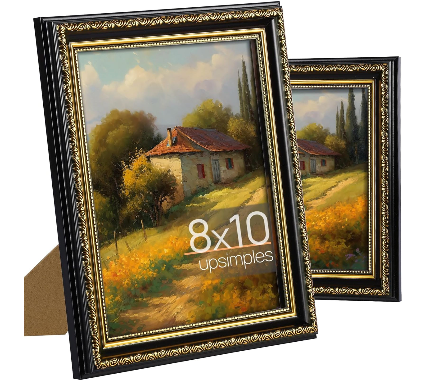 upsimples 8x10 Picture Frame with Real Glass, Ornate Vintage 8 x 10 Photo Frames for Wall Decor or Tabletop Display, Black and Gold, 2 Pack