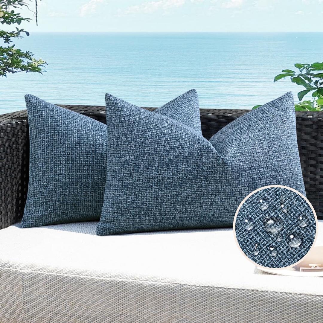 Artscope Outdoor Waterproof Throw Pillow Covers 16x24 Inch Decorative Linen Outdoor Pillows Cushion Case for Patio Couch Sofa - Dark Blue