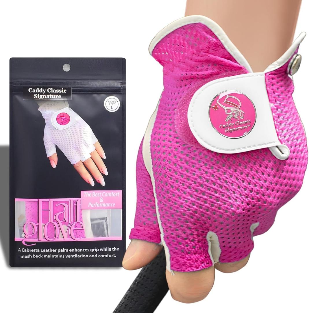 Caddy Classic Ladies Golf Glove Women | Half Finger Mesh Design for High Breathability | Premium Leather Construction for Comfortable Fit | Includes Stylish Magnetic Ball Marker, Medium, White/Pink 