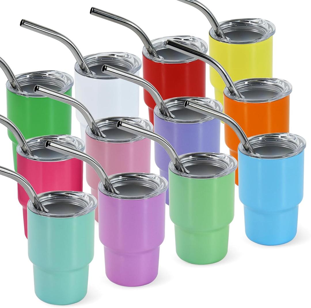 7 oz Mini Tumbler Shot Glass with Straw and Lid 12 Pcs Sublimation Shot Glasses Tumblers Stainless Steel Mini Shot Glasses with Lids for Wedding Party Whiskey Cocktail Bar, 12 Colored