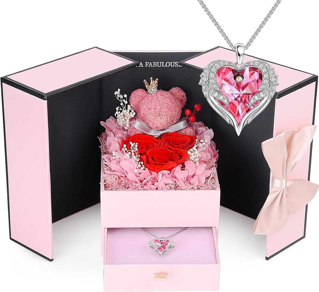 Suturun Preserved Roses Forever Flowers Gifts for Women, Eternal Preserved Rose with Necklace Romantic Gift for Her, Mom, Wife, Girlfriend on Birthday Anniversary