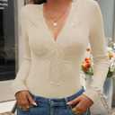 CiCiBird Womens Sexy Lace V Neck Long Sleeve Top Slim Fit Going Out Shirt 2025 Spring Fall Fashion Tee (Beige, XL)