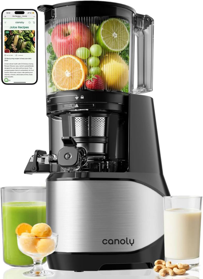 Canoly C09 Cold Press Juicer, 6" Extra Wide Feed Chute, 3-IN-1 Strainers (Juice & Sorbet & Nut Milk), Powerful AC Brushless Motor, Self Precut System, Juicer Machines with BPA-Free (Classic)