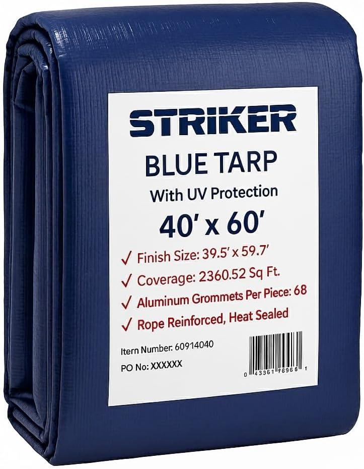 Striker All Purpose PE Cover with UV Protection, Rust-Resistant Grommets, and Rope-Reinforced Edges (Blue, 40' x 60')