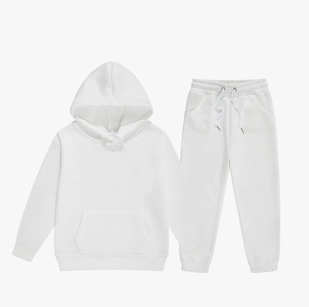 Unisex Teen Kids Jogger Sweatsuit Set 2pcs, Solid Long Sleeve Hoodie Pullover Top Sweatpants for (White-A, 10-11 Years)