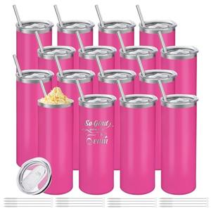 YOUKE OLA 16 Pack Stainless Steel Skinny Tumblers Bulk Straight Double Wall Powder Coated Insulated Tumbler with Lid and Straw for Laser Engrave, DIY Gift, 20oz Pink