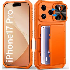 BXYJY for iPhone 17 Pro Phone Case Wallet, Card Holder (4-5 Cards), Slide Camera Cover, Military Grade Protection, Rugged Hard Women Girly Men Protective Case for iPhone17 Pro 6.3", Orange