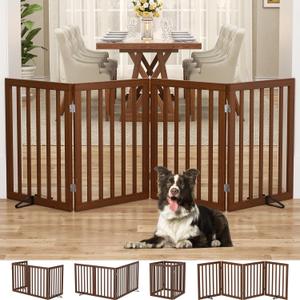 Homykic Bamboo Freestanding Dog Gate, No Assembly Pet Gate Indoor, 24H x 75W Extra Wide Foldable Puppy Barrier Fence with Support Feet for the House, Doorways Stairs, 4 Panels, No Drillings, Walnut