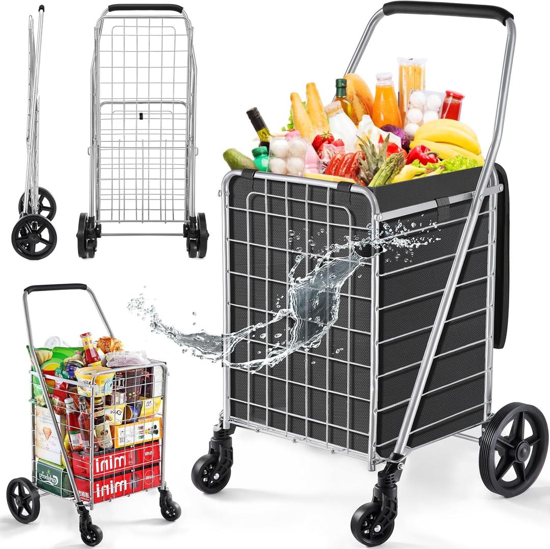 Wellmax WM99024S Grocery Utility Shopping Cart, Easily Collapsible and Portable to Save Space and Heavy Duty, Light Weight Trolley with Rolling Swivel Wheels