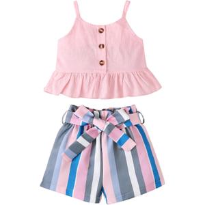 Kucnuzki Toddler Baby Girl Clothes Summer Outfits Ruffle Sleeveless Linen Shirt Kid Short Set for Girl