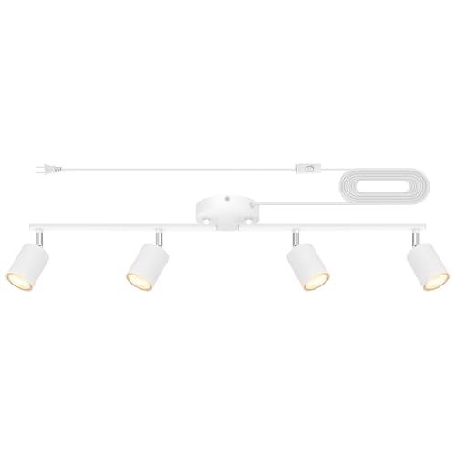 Plug in Track Lighting LED, Track Lighting Fixtures Ceiling, White 4-Light Kitchen Light Kit, Plug in Wall Light with 14.8ft Power Cord, Rotatable Ceiling Spotlight for Bedroom(GU10 Socket, NO Bulb)