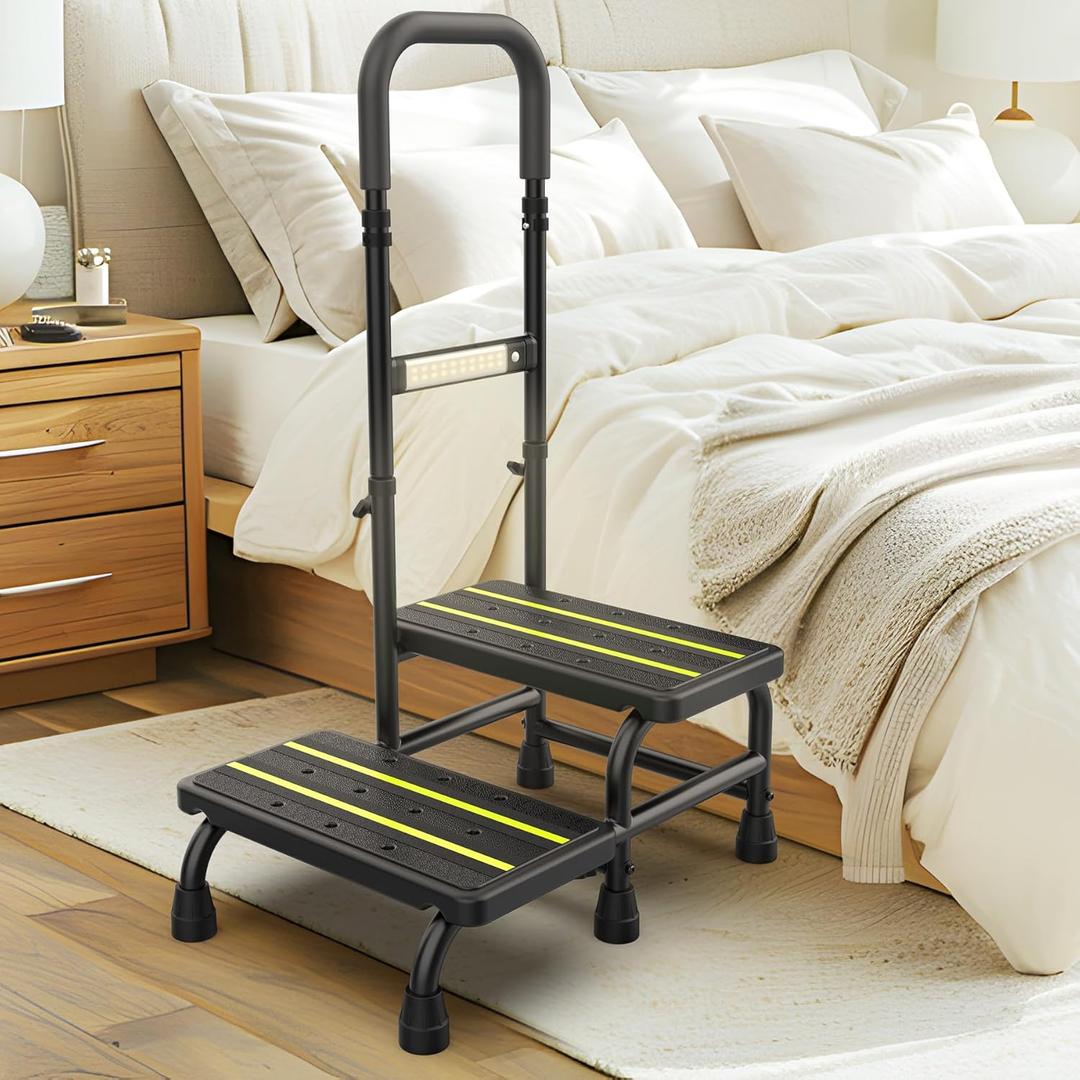 [2025 Upgrade] 2 Step Stool with Handle for Elderly with Sensor Night Light,Medical Heavy Duty Step Stool with Adjustable Handrail, Bedside Steps for People with Mobility Impairments,350lbs